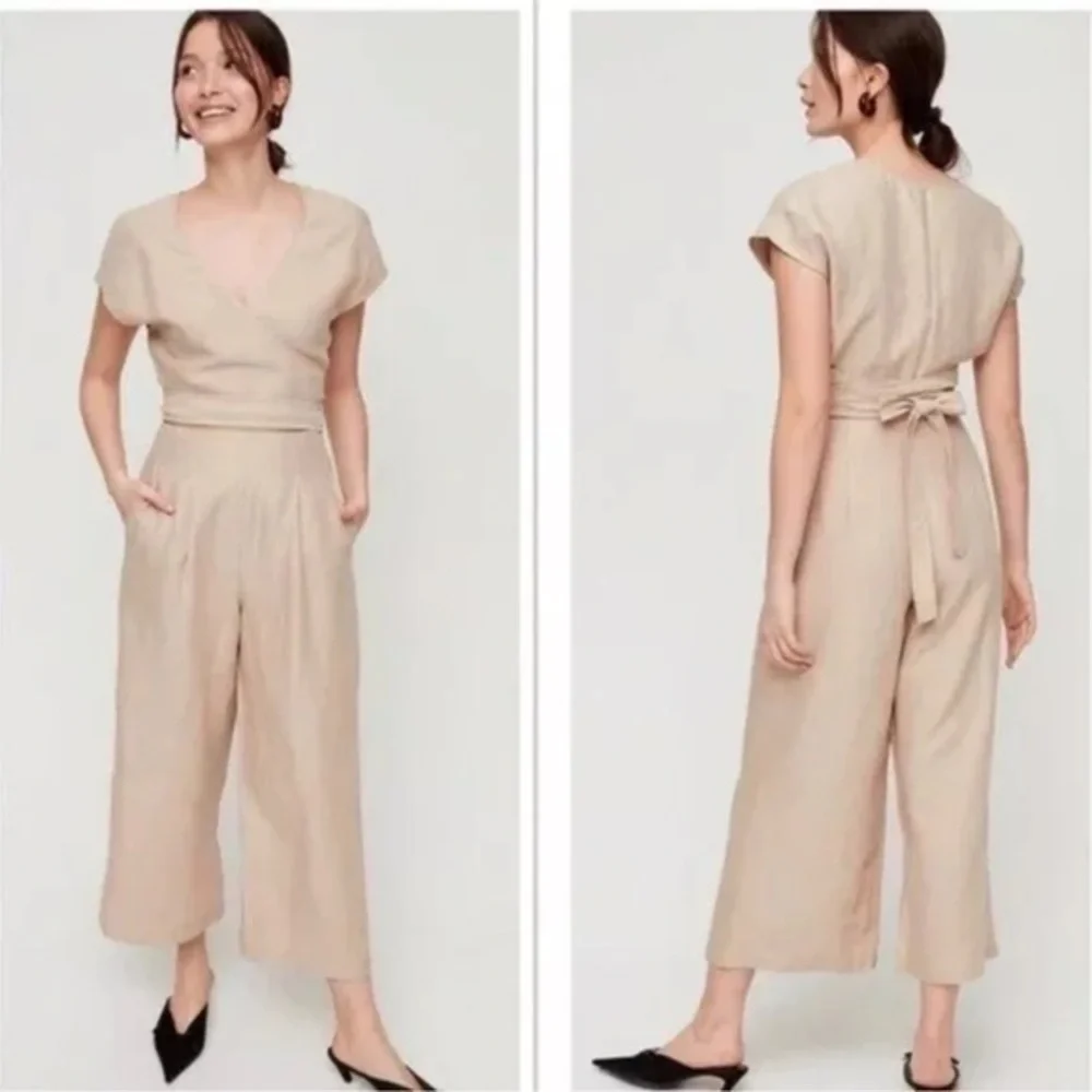 Aritzia Wilfred Linen Blend Beige Cut Open Front Wrap V Neck Jumpsuit
